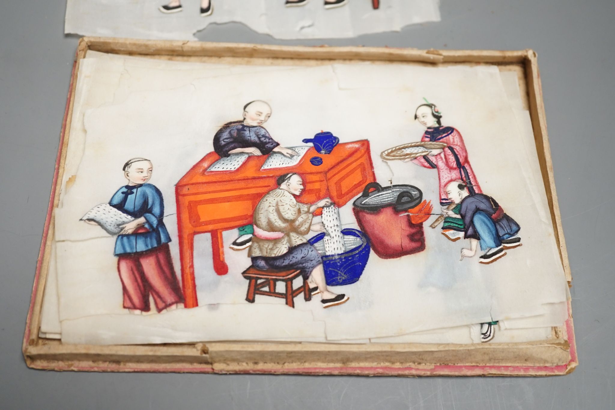 A group of Chinese pith paintings of court figures, production etc. and a pair of Chinese enamelled porcelain plates